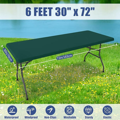 Moosfor 2 Pack Rectangle Spandex Fitted Table Cloth, 6FT Elastic Tablecloth | Washable Picnic Table Cover, Stretch Waterproof Table cloths for Party, Patio, Dining, Kitchen, 30" x 72", Blackish Green
