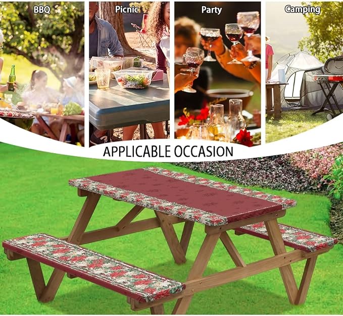 Christmas Red Flowers Outdoor Picnic Table Cover Decorations 3 PCS Set Fitted for Camping
