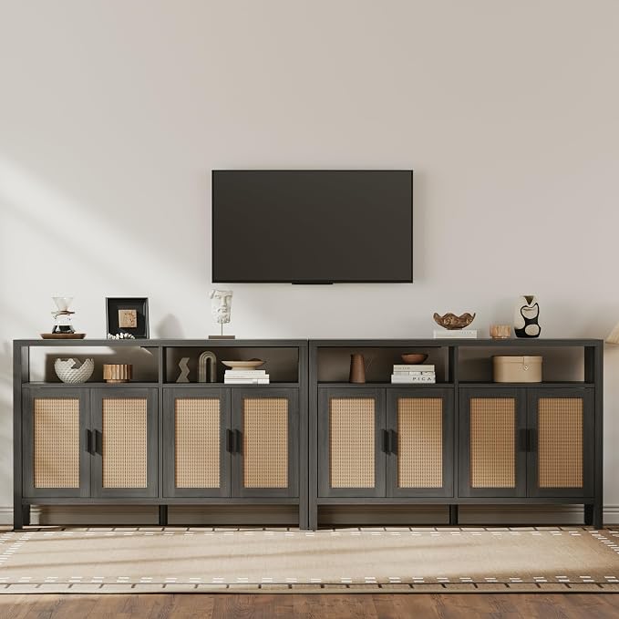 Rattan Buffet Cabinet with Storage, Sideboard with Doors, Console Table, Farmhouse Coffee Bar, Modern Wood Storage Cabinets(Brown Black 2.0)