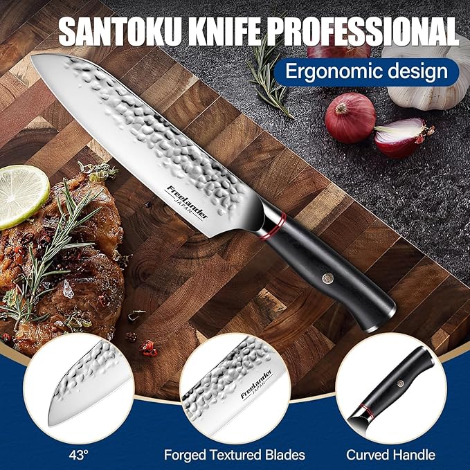 Freelander 7 Inch Chef Knife,Sharp Japanese Santoku Knife, High Carbon Stainless Steel Kitchen Knife, Professional Cooking Knife for Home and Kitchen with Ergonomic Handle