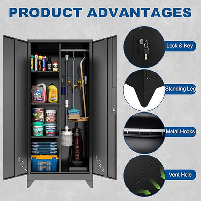 Metal Garage Storage Cabinets with Lock, Cabinet with Pegboard & Hanging Rod, Broom Closet Storage Cabinets, Black Lockable Steel Tool Cabinet for Home,Garage,Utility Room