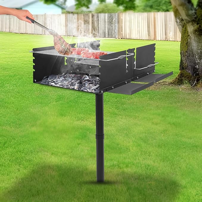 Heavy-Duty Park-Style Charcoal BBQ Grill, Height Adjustable Single Post Outdoor Grill with Side Shelf for Camping, Outdoor Cooking, Backyard, Patio, Camp Grilling Barbecues, 40" x 25.5" x 52.5"h