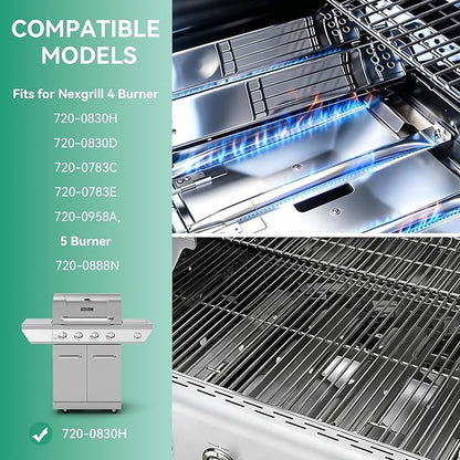 720-0830H Grill Replacement Parts for Nexgrill 4 Burner 720-0830D 720-0783C 720-0958A, 5 Burner 720-0888N, 17 Inch Stainless Steel Grill Grates, Heat Shields, Grill Burners, Igniters for Uniflame