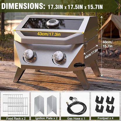 Bestfire 2-Burner Tabletop Gas Grill with Viewing Glass Lid, 20,000 BTU Stainless Steel Portable Propane BBQ Grill, Built-in Thermometer & Push-Button Ignition, for Outdoor Camping, RV, Tailgating