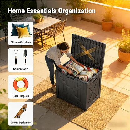 35 Gallon Outdoor Deck Box - Lockable Waterproof Storage Container, Resin Weatherproof Box for Patio Garden Furniture Pool Tools Cushions, Black