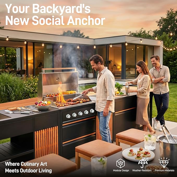 Outdoor Kitchen Island, Powder Coated Stainless Steel Cabinet, LP Grill, Sink, Fridge, Movable BBQ Station Set with Natural Teak Board for Backyard, Patio, Deck, Terrace (Grey, 3 SET)