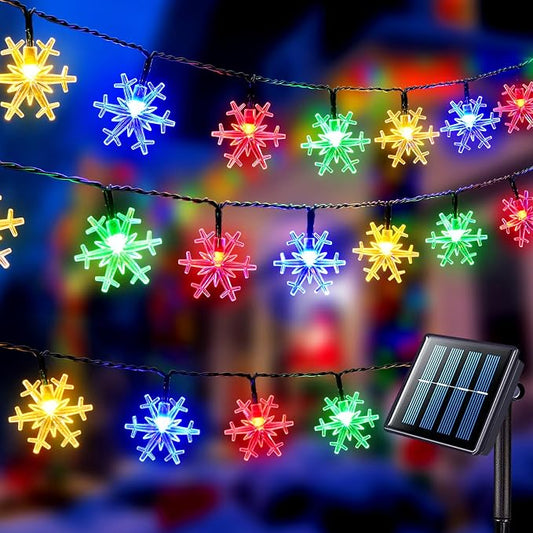 JMEXSUSS 2 Pack Solar String Lights Outdoor, 50 LED 30.6ft, Snowflake | Outdoor Waterproof, Multicolor, 8 Modes Solar Christmas Lights for Garden Patio Yard Tree Party Christmas Decorations