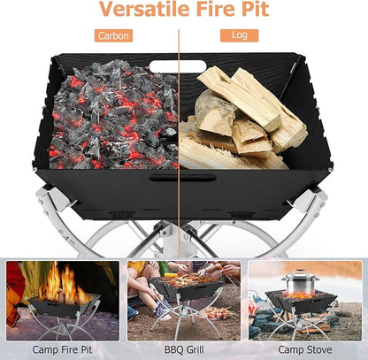 Giantex Folding Campfire Grill, Camping Grill with Stainless Steel Grates, Collapsible Aluminum Legs, Carry Bag, Portable Firewood Barbecue Grill for Backpacking Road Trips Outdoor Cooking