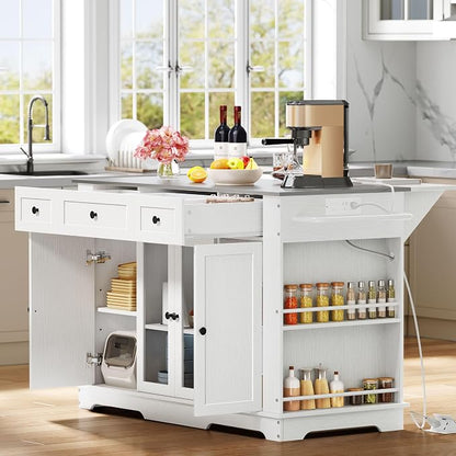 DWVO Kitchen Island with Stainless Steel Top & Power Outlet, 60 Inch Kitchen Island on Wheels with Drop Leaf, Large Rolling Mobile Center Islands w Storage Drawer Cabinet Counter Metal Top, White