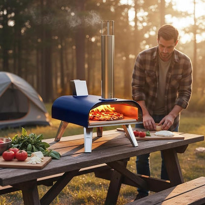BIG HORN 12" Multi-Fuel Outdoor Pizza Oven Reach up to 1110℉– 3-in-1 Wood,Gas &Electric Compatible(Burners Sold Separately),Pellet Pizza Oven Portable Pizza Maker for Backyard, Camping&Tailgating,Blue