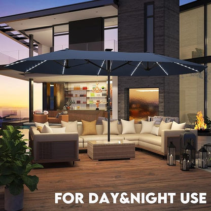GDPFN 15ft Large Patio Umbrella with Solar Lights, Outdoor Double-Side Rectangular Umbrella, Backyard Pool Umbrella with LED Light for Deck, Outside, Market, Navy (Base Not Include)
