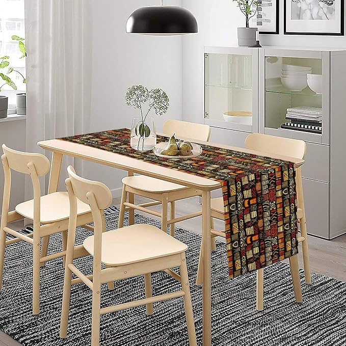 Egypt Table Runner Abstract African Art Tribal Geometric Pattern Style Background Cairo Culture, Dining Room Kitchen Rectangular Runner, 13" X 70"