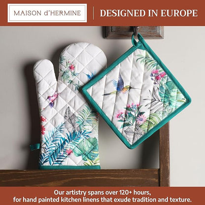 Maison d' Hermine 100% Cotton Oven Mitt & Pot Holder Set (7.5"x13" & 8"x8") Heat Resistant BBQ Cooking Gloves with Loop Baking Grilling Kitchen Hotel Home Farmhouse Spring Summer (Tropiques)