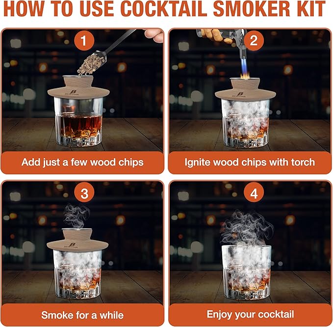 BHETHA-Cocktail Smoker Kit with Torch, 4 tasty Wood Chips Flavors (Apple, Walnut, Cherry, Oak) for Bourbon & Whiskey- Bar accessories for old fashion cocktails. Gifts for Men, Husband, Dad (No Butane)