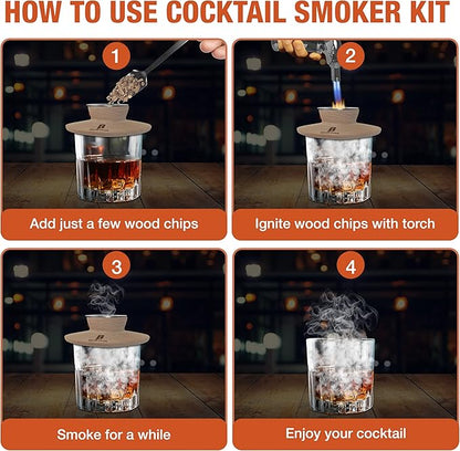 BHETHA-Cocktail Smoker Kit with Torch, 4 tasty Wood Chips Flavors (Apple, Walnut, Cherry, Oak) for Bourbon & Whiskey- Bar accessories for old fashion cocktails. Gifts for Men, Husband, Dad (No Butane)