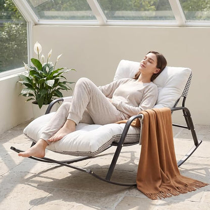 Rocking Papasan Chair, Leather Upholstered Lounge Chair, Beige | Extra-Wide Rocking Chair with Technical Leather Upholstery, Sturdy Frame and Smooth Glide for Indoor / Outdoor Scenes