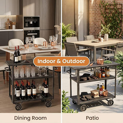 Industrial 3 Tier Mobile Bar Cart Rustic Metal Serving Cart with Wheels and Side Handles Vintage Rolling Kitchen Stand Cart-LxWxH: 36.2 * 15.75 * 30.5inch