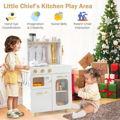 INFANS Kids Kitchen Playset, Toddler Wooden Pretend Cooking Set with Telephone Stove Microwave Storage Cabinet, Play Kitchen Toy Set with Toy Food Cookware Accessories for Children Boys Girls