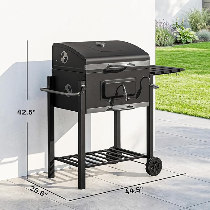 Outsunny Charcoal BBQ Grill, Outdoor Portable Cooker for Camping or Backyard Picnic with Side Table, Bottom Storage Shelf, Wheels and Handle, Black