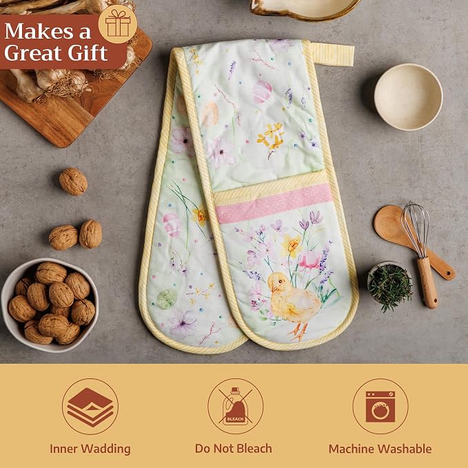 Maison d' Hermine Double Oven Mitts 100% Cotton Double Oven Glove (7"x35") | Heat Resistant BBQ Cooking Gloves with Loop Baking Grilling Kitchen Hotel Home Farmhouse Spring Summer - Easter Zest
