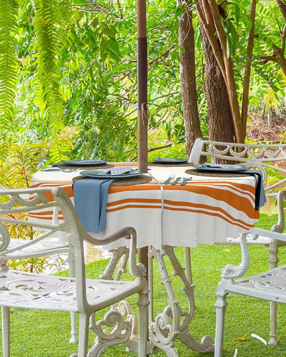 QueenKer Fall Outdoor Tablecloth with Umbrella Hole, Farmhouse Orange Stripe Round Tables Zippered Table Cloth Waterproof Tabletop Table Cover Collection for Patio, Garden, Picnic, Camping, Dining