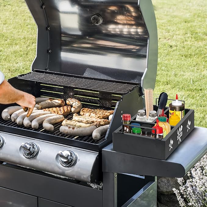 Grill Utensil Caddy, BBQ Accessories Storage Box, Picnic Condiment Caddy, BBQ Organizer for Camping Outdoor, Ideal Organizer for Picnic Condiment and Outdoor Griddle Accessories