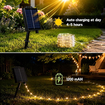 Solar String Lights, 33FT 100LED Warm White | IP65 waterproof, solar powered, 8 lighting modes. Fairy lights for garden, patio, backyard, tree, party decoration.