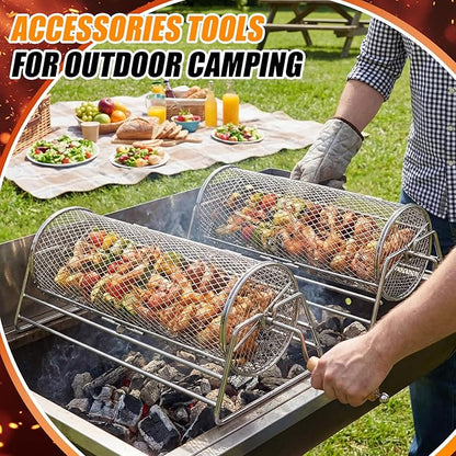 Gisafai Gifts for Dad Husband 2 Set Rolling Grill Baskets, 304 Stainless Steel, Removable Wooden Handle, Nesting Grilling Net BBQ Accessories Tools for Outdoor Camping Gifts