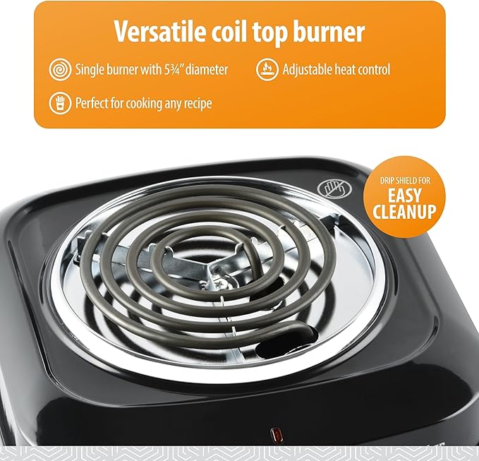 Toastmaster Single Burner with Coil Top & Chrome Knob - Single Tabletop Burner with Drip Shield & Non-Skid Feet - Electric Countertop Burner with Variable Heat Control