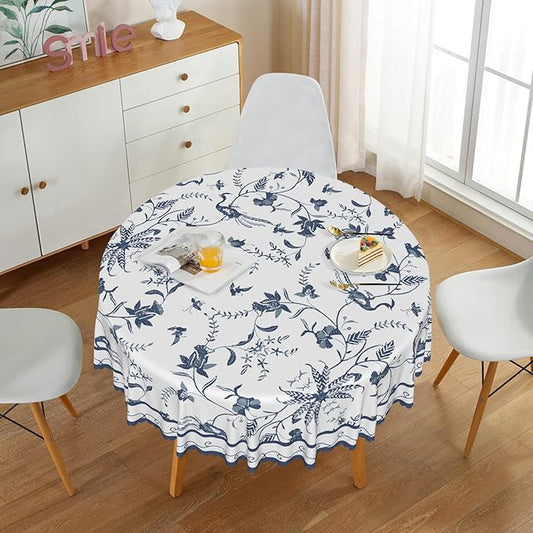 Blue Floral Round Tablecloth Blue and White French Country Circle Tablecloths Rustic Flowers Stain Proof Table Cover for Farmhouse Decor Indoor Outdoor Table Picnic Dinner Decor 70x70 Inch