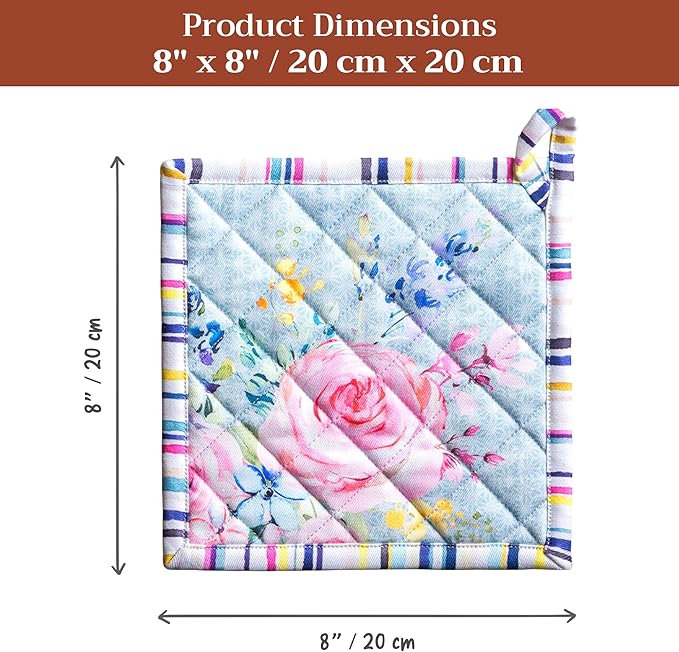 Maison d' Hermine Pot Holders 100% Cotton Heat Resistant Potholders 8" x 8" Hot Pads with Loop Baking Hotel Farmhouse Kitchen Handling Hot Pans Spring Summer (Pack of 2, Sweet Rose Lavender - Lush)
