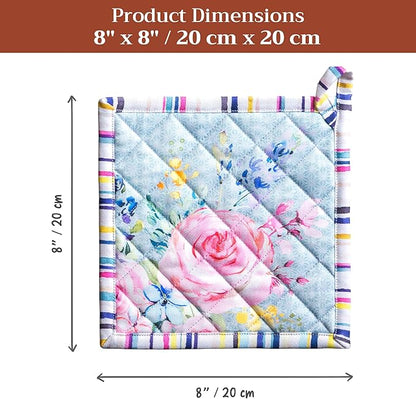 Maison d' Hermine Pot Holders 100% Cotton Heat Resistant Potholders 8" x 8" Hot Pads with Loop Baking Hotel Farmhouse Kitchen Handling Hot Pans Spring Summer (Pack of 2, Sweet Rose Lavender - Lush)
