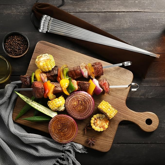 13.8" 12 Pack - Metal Flat Skewers Reusable Kabob Skewers BBQ Barbecue Skewers for Grilling, Stainless Steel
