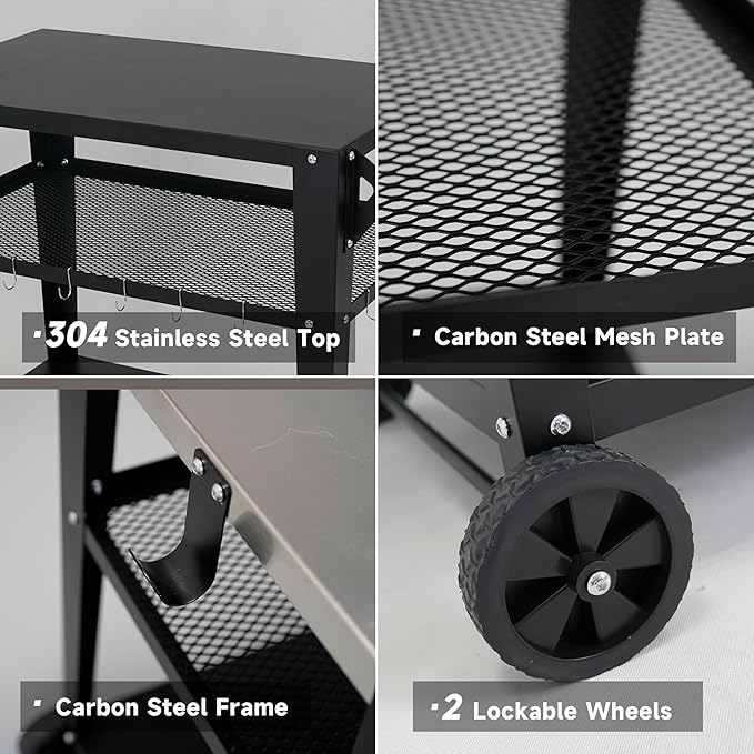 LEETOLLA Black Outdoor Grill Cart with Wheels, Heavy-Duty 3-Tier BBQ Prep Table for Pizza Oven, Griddle, Patio – Rustproof Commercial Kitchen Cart with Tool Hooks