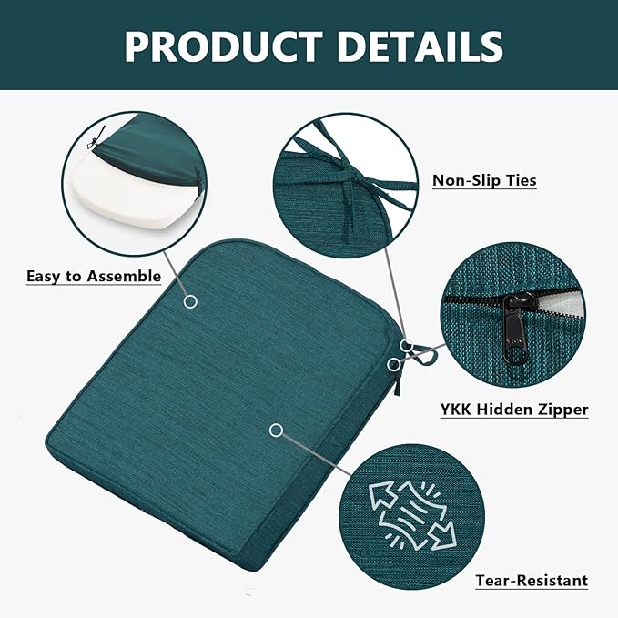 Goodgoods 19.5 x 20 Outdoor Chair Cushions Set of 4, Fade-Resistant & Water-Resistant Patio Seat Cushion Pads with Ties, 30D High-Resilience Foam for Dining Room Kitchen Chairs, Malachite