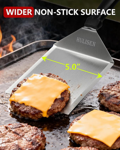 HULISEN Stainless Steel Large Grill Spatula - 6 x 5 Inch Heavy-Duty Metal Spatula with Cutting Edges, Kitchen Griddle Accessories, Smashed Burger Turner Scraper for BBQ Grill and Flat Top Griddle