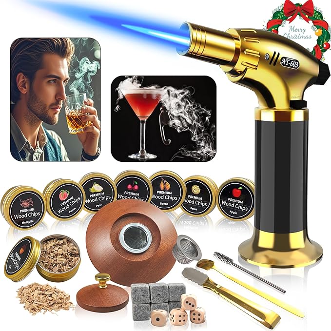 Cocktail Smoker Kit - Whiskey Smoker Kit with Torch,8 Flavors Wood Chips for Whiskey and Bourbon,Old Fashioned Smoker Set for Infused Cocktail,Cheese and Meats,Gifts for Men,Dad,Husband (NO Butane)