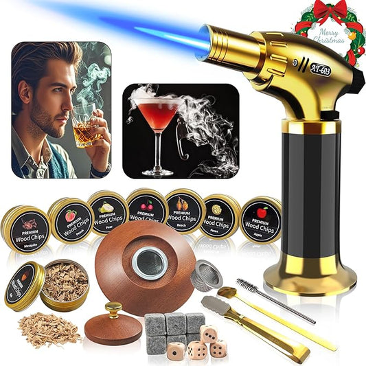 Cocktail Smoker Kit - Whiskey Smoker Kit with Torch,8 Flavors Wood Chips for Whiskey and Bourbon,Old Fashioned Smoker Set for Infused Cocktail,Cheese and Meats,Gifts for Men,Dad,Husband (NO Butane)