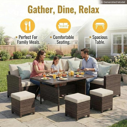 Wisteria Lane 7 Piece Patio Furniture Set, Patio Sectional for All Weather | Wide Armrest Outdoor Furniture Dining Set, Wicker Patio Sofa, Patio Conversation Sets with Ottoman for Porch, Light Brown