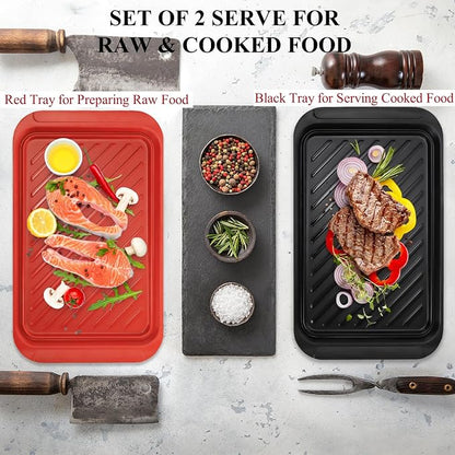 2 Pack Grilling Prep and Serve Trays, 17" x 10.5" BBQ Platters for Cooked and Raw Meat, Melamine Serving Trays for Food, Outdoor, Grill Accessories, Dishwasher Safe, Black and Red