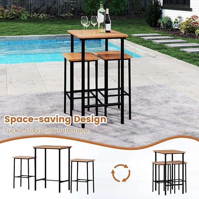 Tangkula 3 Pieces Acacia Wood Patio Bar Set, Space Saving Outdoor Bar Height Rectangular Table and Stools Set with Metal Frame, for Balcony, Deck and Backyard