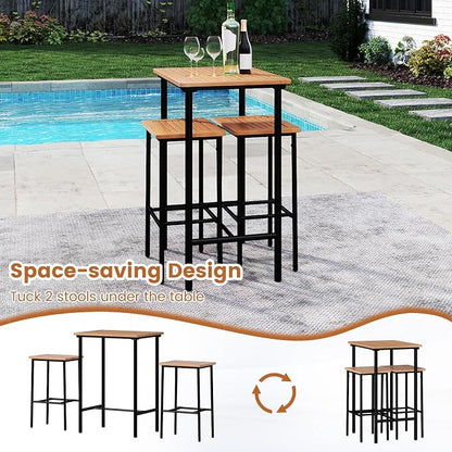 Tangkula 3 Pieces Acacia Wood Patio Bar Set, Space Saving Outdoor Bar Height Rectangular Table and Stools Set with Metal Frame, for Balcony, Deck and Backyard