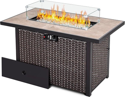 Nuu Garden 43" Propane Fire Pit Table, CSA Certified 50,000 BTU Outdoor Patio Propane Fire Pit Table with Fire Pit Wind Guard, Removable Lid, Ceramic Tabletop, Water-Proof Oxford Cover, Dark Brown