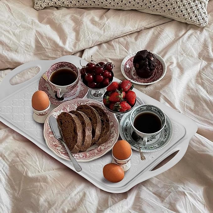 LEHAHA Large White Melamine Serving Tray with Handles,17.5 x 12 in Rectangular Melamine Serving Platter, Set of 2, Dishwasher Safe Trays for Eating, Appetizer, Charcuterie, Slicon Mats Included