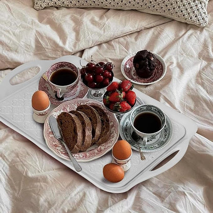 LEHAHA Large White Melamine Serving Tray with Handles,17.5 x 12 in Rectangular Melamine Serving Platter, Set of 2, Dishwasher Safe Trays for Eating, Appetizer, Charcuterie, Slicon Mats Included