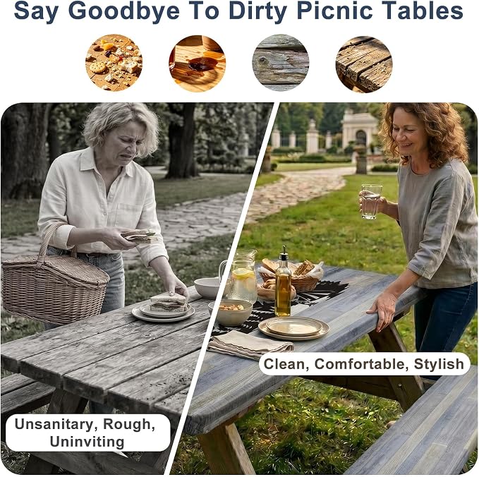 Picnic Table Cover with Bench Covers Windproof Waterproof Picnic Table Covers Camping Tablecloth with Self-Storage Bag, 72in, Gray Blue