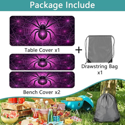Picnic Table Cover with Bench Covers & Bag, Gothic Spider Web Outdoor Camping Accessories Waterproof Oilproof Camping Tablecloth with Elastic Edges Fitted Rectangle Table Cover, 3PCS, 30x96 Inch
