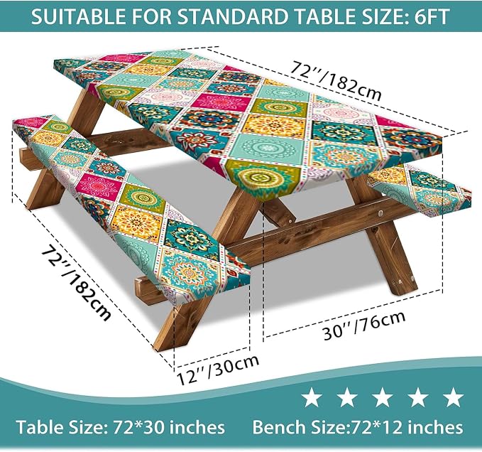Boho Picnic Table Cover with Bench Covers and Bag, Camping Essentials, Bohemian Mandala Waterproof Washable Fitted Camping Tablecloths with Elastic Edges for Outdoor & Garden, 3 Pcs Set 30x72 Inch