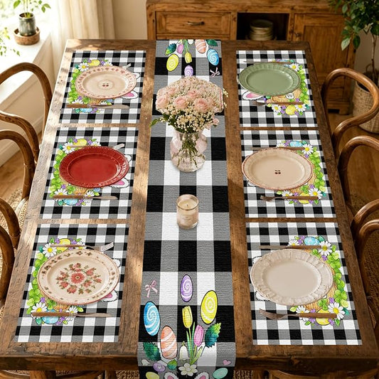 Nuxovilar Tablerunner and Placemats Set of 7 Black-White Plaid Easter Decor Linen Square Placemats for Dining Dining Sets and Accessories Family Dinner, Easter Celebration, Restaurant Setup