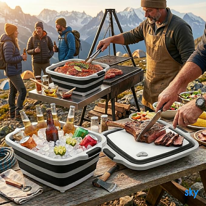 Collapsible BBQ Prep Tub with Lid - XL 4.22 GAL Folding Cutting Board & Food Basin for Outdoor Cooking, Marinating Container, Space Saving Prep Station (Black)